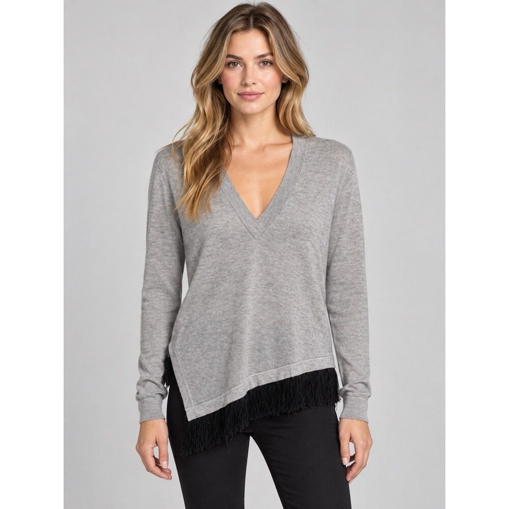 Derek Lam 10 Crosby S Gray Silk Cashmere Vneck Sweater Black Fringe Hem Top E